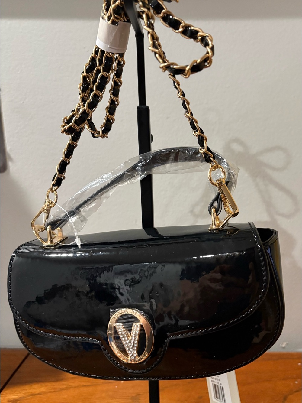 New -Valentino Orlandi V-Emblem Black Patent Shoulder Bag with Gold Chain